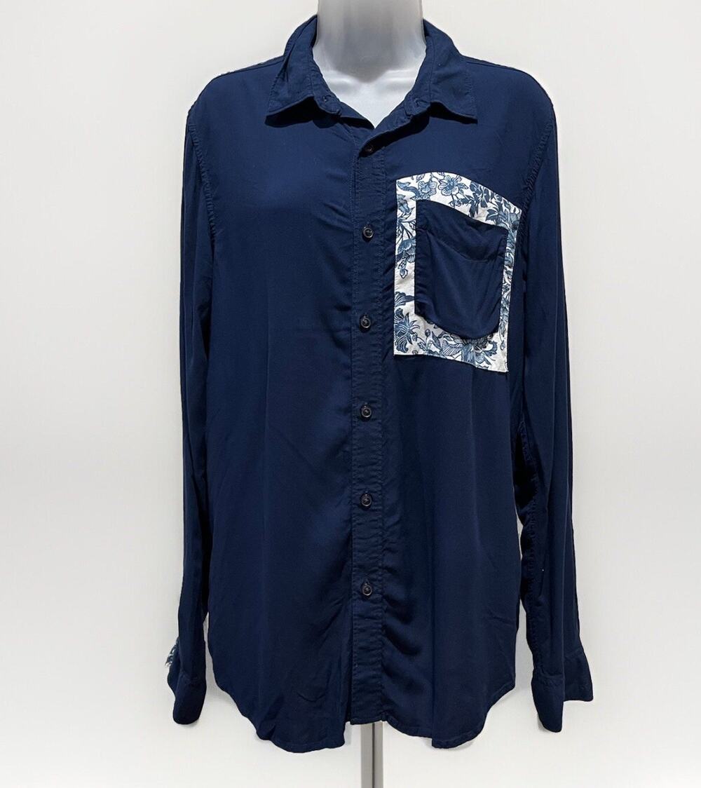Guess Shirt Men's Small Slim Fit Button Shirt Navy Blue Floral Pocket Long Slv